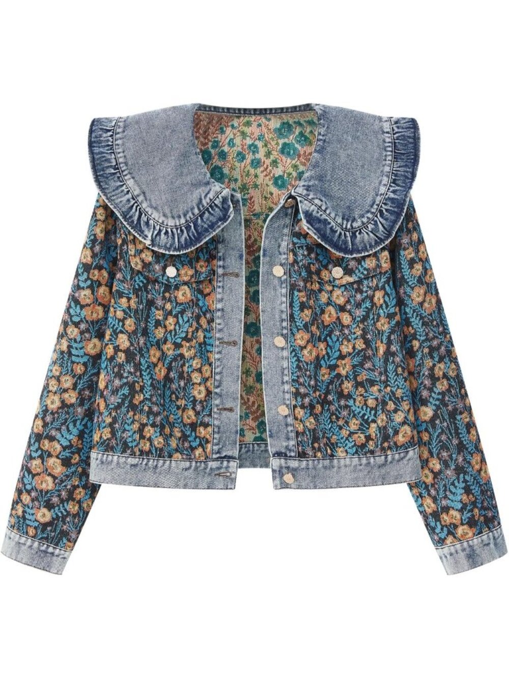 Women’s Black Floral Embroidered Peter Pan Collar Cropped Denim Jean Jacket